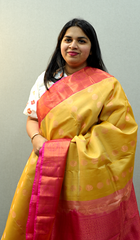 KANCHIPURAM SAREE- Yellow with carrot peach Shade Search code 1026