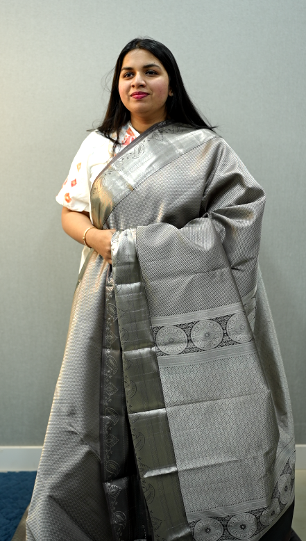 Women's Silver Saree | Silver Kanchipuram Saree | Wearable Art