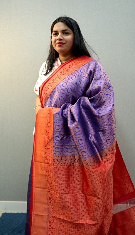 KANCHIPURAM SAREE-Royal blue and Chilly red  Shade Search code 1014