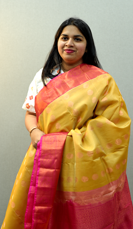KANCHIPURAM SAREE- Yellow with carrot peach Shade Search code 1026