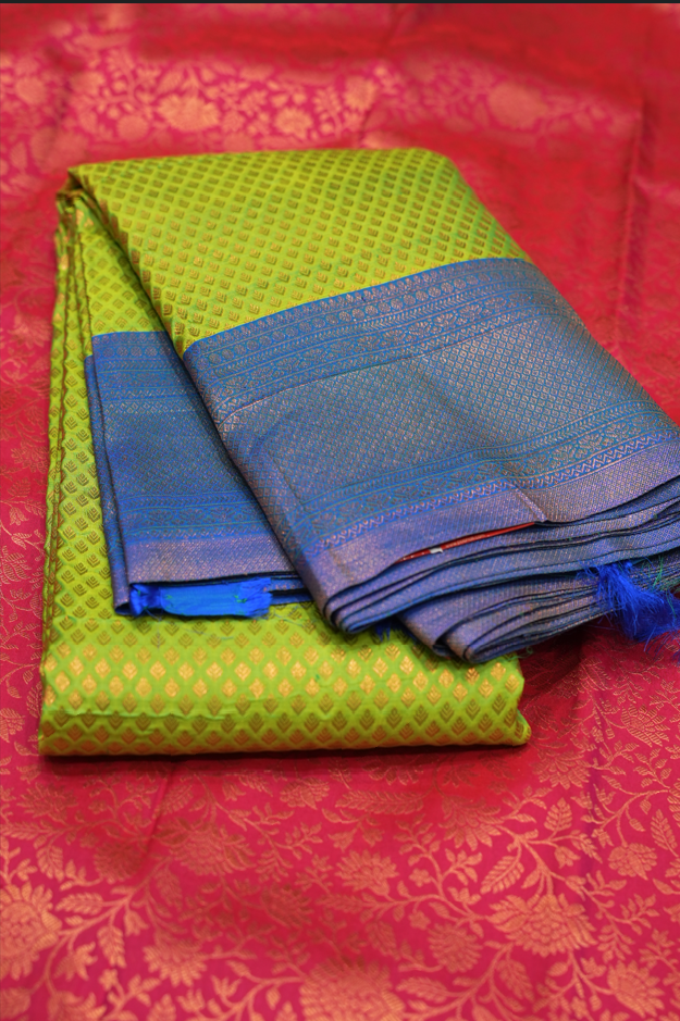 KANCHIPURAM WEDDING SAREE- Parrot green and Happy blue  Shade Search code 5007