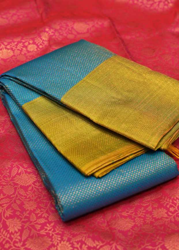 KANCHIPURAM WEDDING SAREE-Safer blue and green  Shade Search code 5008